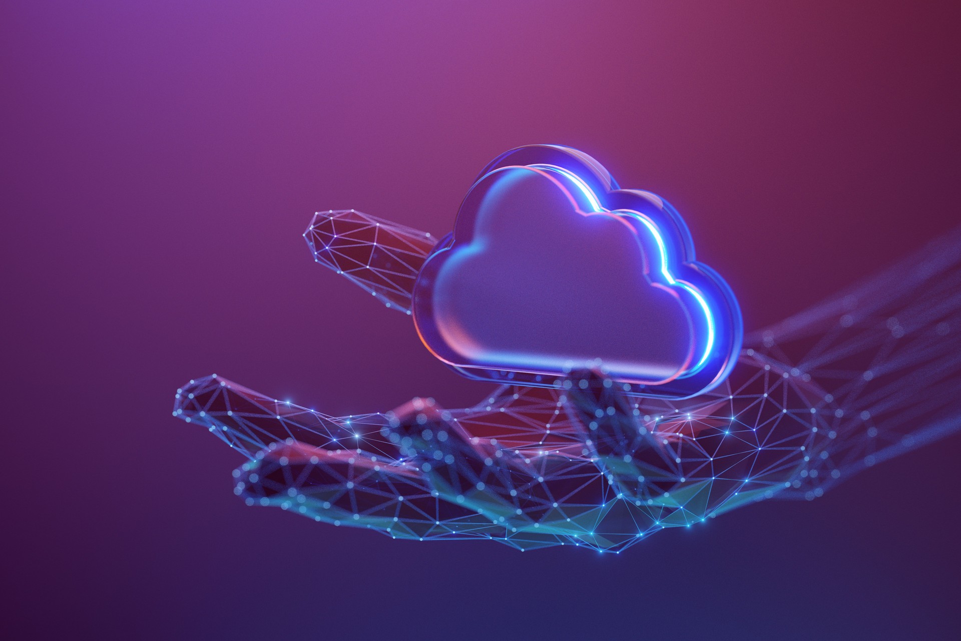 Cloud services, cloud computing concept.  Glowing cloud 3D icon on the abstract human hand made with atom array and plexus effect