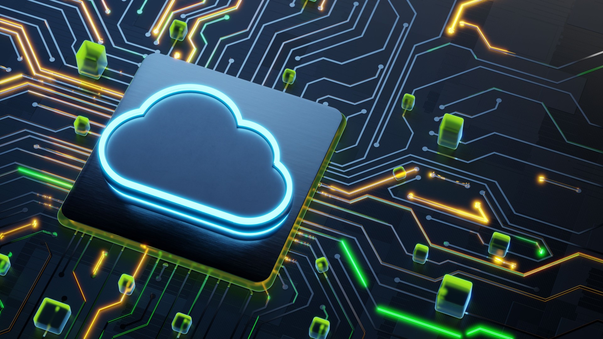 Cloud computing concept. Glowing cloud symbol on the abstract main cpu on circuit board with light trails as data streaming symbol